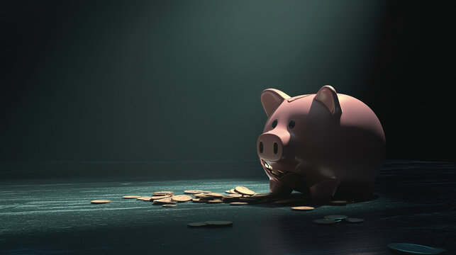 Broken piggy bank with coins scattered around, symbolizing financial struggle and the need for careful budgeting and saving.