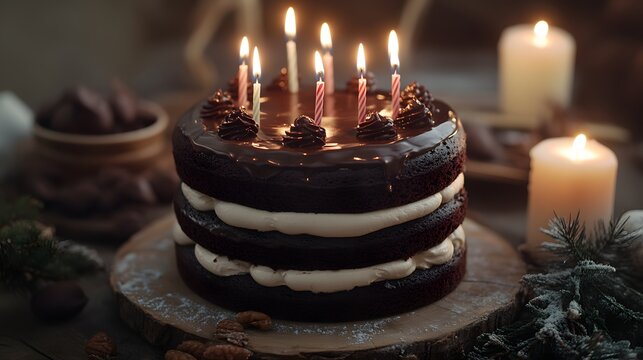 A delicious chocolate birthday cake adorned with lit candles, set against a warm, cozy background. Ideal for celebrating special moments with friends and family.