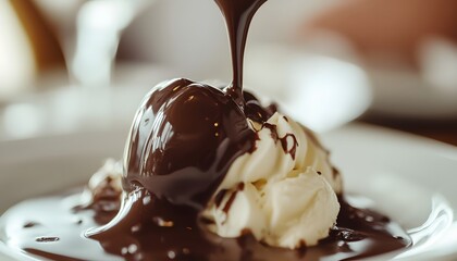 A delightful dessert featuring a scoop of rich chocolate ice cream being generously drizzled with warm chocolate sauce, complemented by fluffy whipped cream for an indulgent treat.