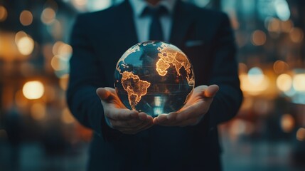 Fototapeta premium Businessman Holding Glowing Globe in Modern Cityscape Background
