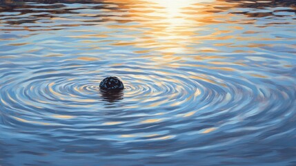 A tranquil scene of rippling water reflecting a sunset, with a floating object in the center.