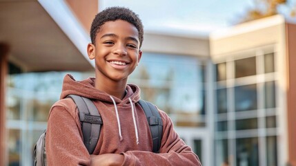 A black teenage boy smiling confidently while standing in front of a school building.