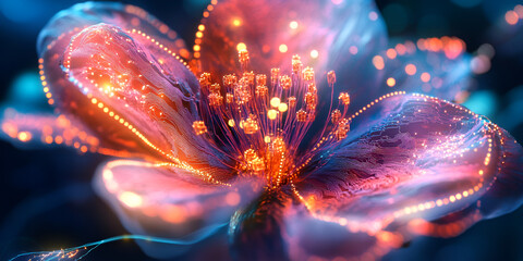 Ethereal Bloom: A mesmerizing close-up of a radiant flower, its petals awash in a symphony of vibrant colors and ethereal light. The image captures the beauty and fragility of nature.