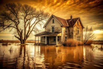 Obraz premium Vintage Iowa Farmhouse Flood, Rural Flood Damage, Historic Farm Photo, Old House Water Damage, Flooded Farm Scene, Iowa Rural Landscape