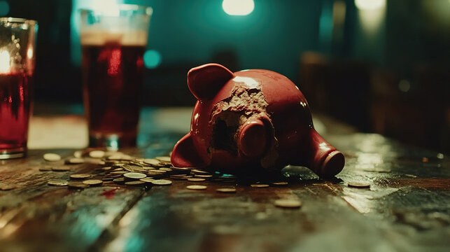 Broken piggy bank with coins scattered around, symbolizing financial struggle and the need for careful budgeting and saving.
