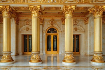 Obraz premium Grand hall with ornate gold columns and doors. Ideal for luxury, wealth, and opulence themes.