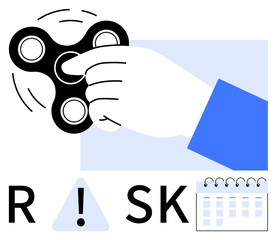 Hand spinning a fidget spinner beside RISK text and triangular alert icon. Attached calendar page suggests planning, assessment, or management. Ideal for business strategy, project management