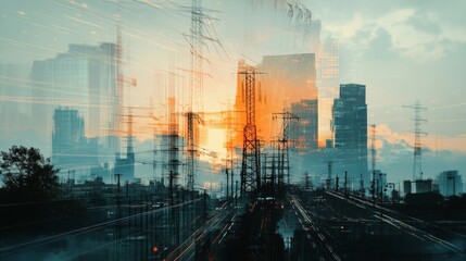 Fototapeta premium Abstract Cityscape with Power Lines and Sunset Background