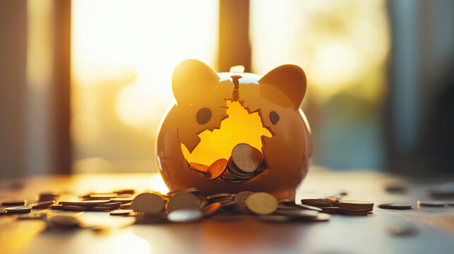 Broken piggy bank with coins scattered around, symbolizing financial struggle and the need for careful budgeting and saving.