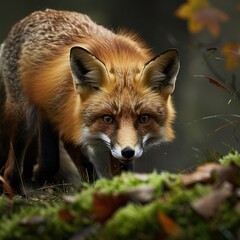 Fototapeta premium Red fox in autumn forest, close-up view.