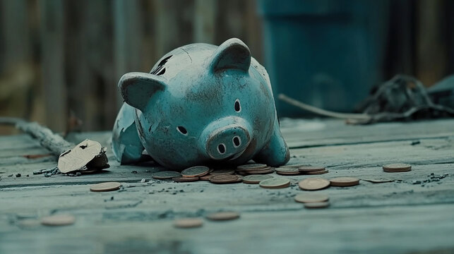 Broken piggy bank with coins scattered around, symbolizing financial struggle and the need for careful budgeting and saving.