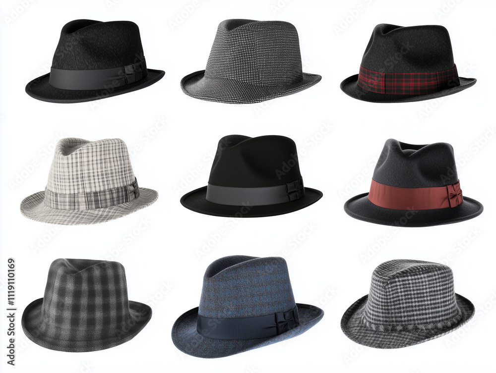 Wall mural Set of stylish fedora hats isolated on a white background