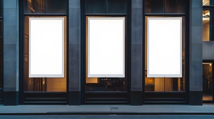 Fototapeta premium Blank white vertical banner on building facade design mockup. Store banner mockup on street. Outdoor banner template on store exterior side