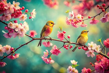 Vintage Spring Bird Photography: Red & Yellow Birds on Pink Blossoms