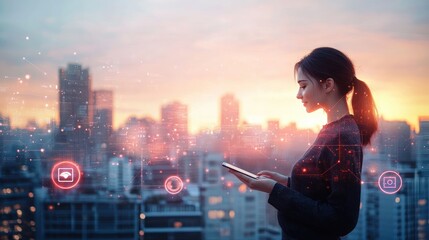 Network Mobile App Communication Social City Smartphone Woman Japanese Copy Space Landscape Advertisement