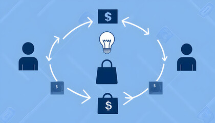 Conceptual illustration depicting a circular business model  idea, product, customer, profit, repeat.  Ideal for illustrating business processes, entrepreneurship, and economic cycles.