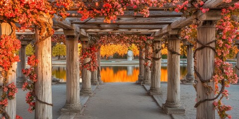 Obraz premium A serene garden pathway adorned with vibrant flowers leading to a tranquil water reflection.