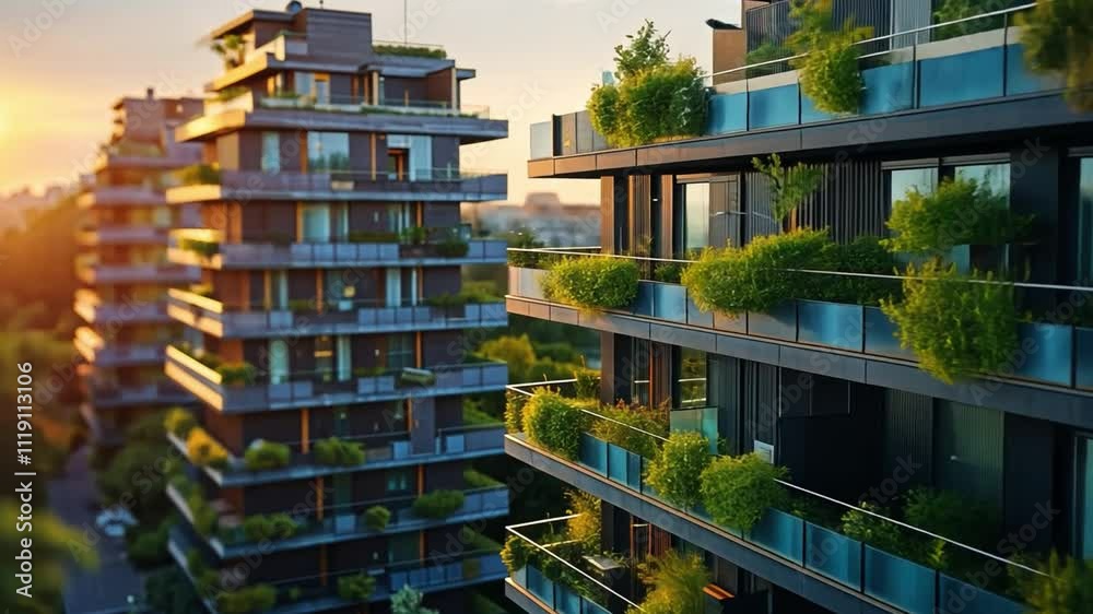 Poster sleek modern apartments showcase innovative architecture adorned with various plants and greenery. t