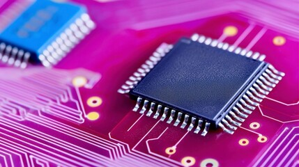 Close up Microchip on Circuit Board  Technology  Electronics  Hardware  Computing