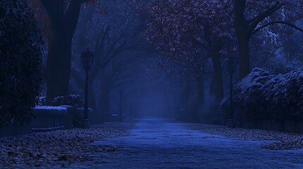 Naklejka premium A Foggy Path Through a Silhouetted Forest at Night