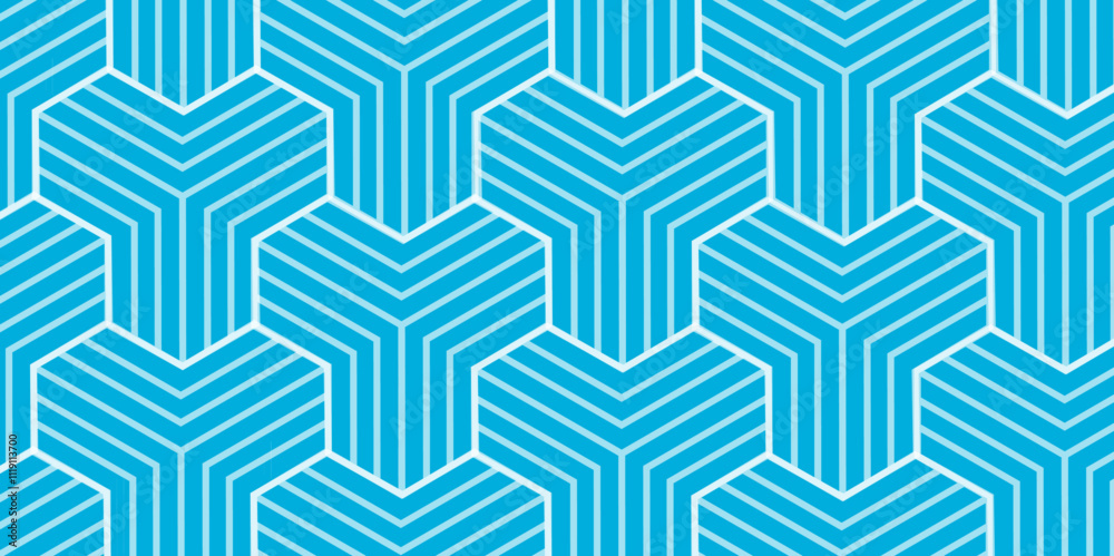 Poster Japanese Hexagon Net Vector Seamless Pattern. Geometric blue background. Abstract seamless wallpaper. Modern stylish abstract texture. Repeating striped line elements wallpaper, backdrop Vector. 