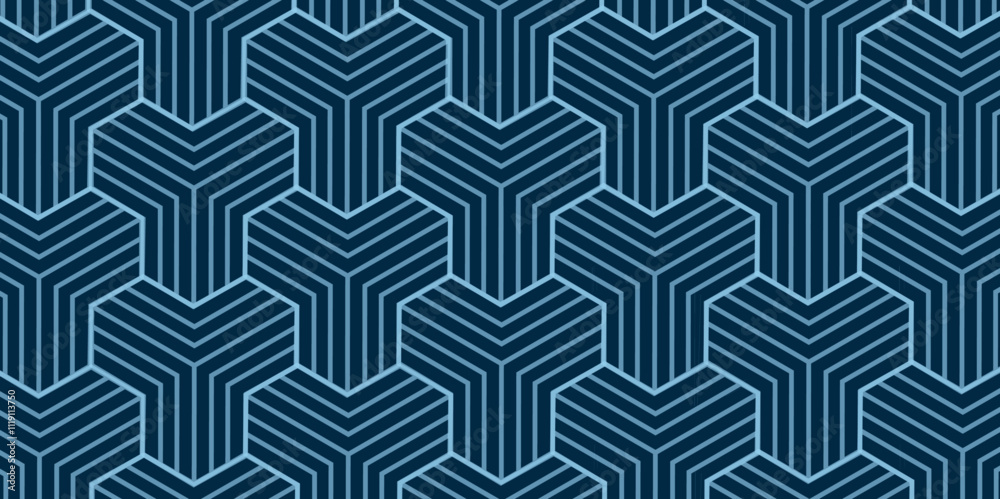 Poster Japanese Hexagon Net Vector Seamless Pattern. Geometric blue background. Abstract seamless wallpaper. Modern stylish abstract texture. Repeating striped line elements wallpaper, backdrop Vector. 