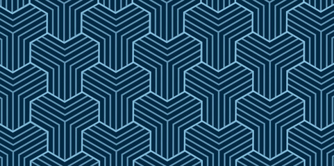 Japanese Hexagon Net Vector Seamless Pattern. Geometric blue background. Abstract seamless wallpaper. Modern stylish abstract texture. Repeating striped line elements wallpaper, backdrop Vector. 