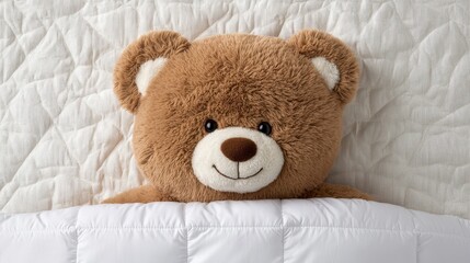 Fototapeta premium Adorable Teddy Bear in Bed Cozy Plush Toy Soft Cute Child s Bedroom Sweet Dreams Com