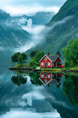 Fototapeta premium Charming scenic view of a red house by a lake with misty mountains