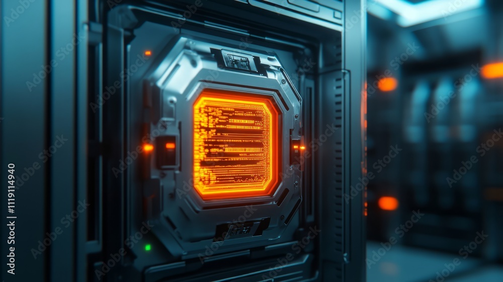 Poster futuristic data processor with glowing orange core in a high-tech server room, showcasing cutting-ed