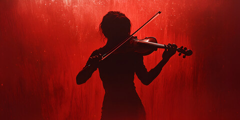 Fototapeta premium Crimson Violinist: Silhouette of a musician playing violin against a dramatic red background. Passion, artistry, and musical expression take center stage. 