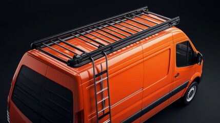 A vibrant orange van with a black roof rack and ladder, showcasing a modern design and utility features.