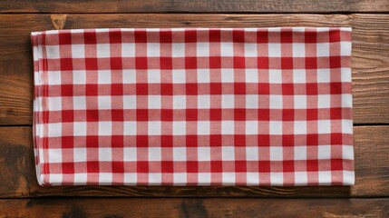 Obraz premium Red and white checkered tablecloth on wooden surface.