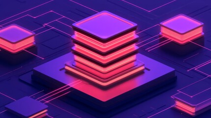 Futuristic Data Center with Neon Lights, Digital Circuit Board, and Layered Technology for Modern Computing and Data Processing Conceptual Art