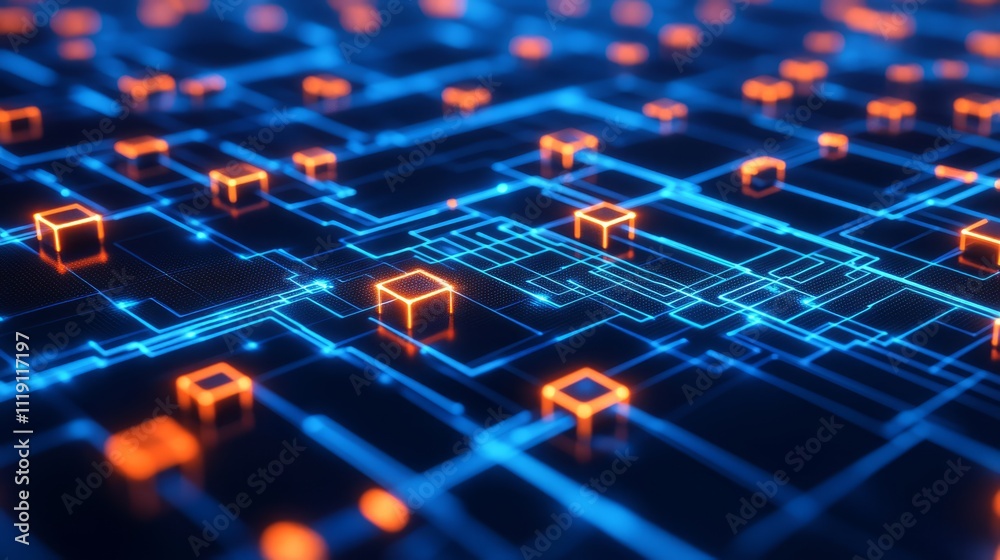 Poster futuristic digital network with neon lights featuring interconnected blocks and circuit design in a 