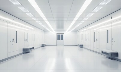 Obraz premium Sterile white corridor with doors and benches.