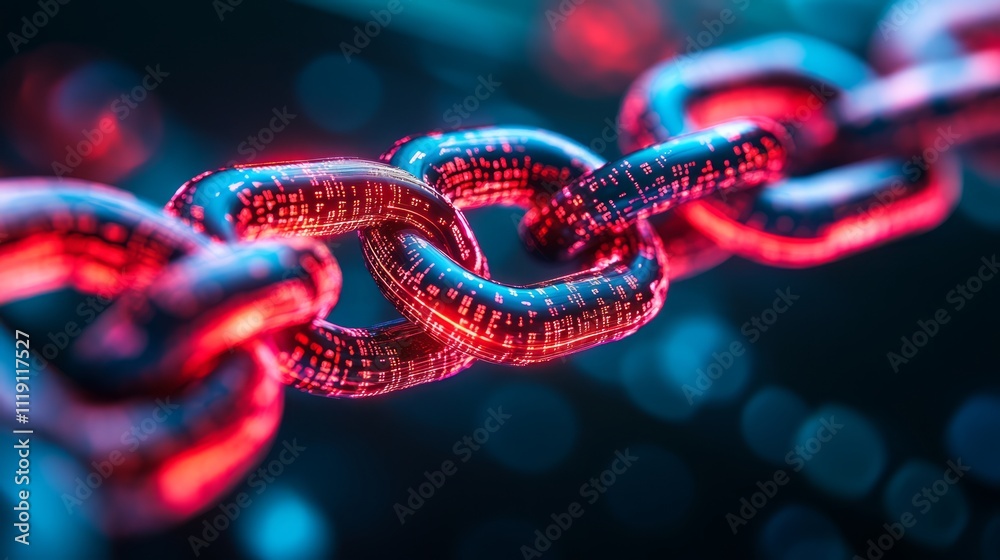 Poster futuristic stylized chain link with digital binary data featuring bright neon colors and glowing eff