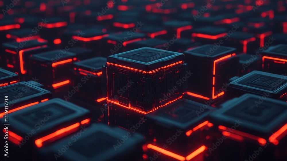 Poster abstract futuristic scene featuring glowing red and black cubes arranged in a complex structure, cre