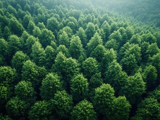 Aerial view of dense green forest with trees capturing carbon for sustainability and carbon neutrality concept in lush nature environment
