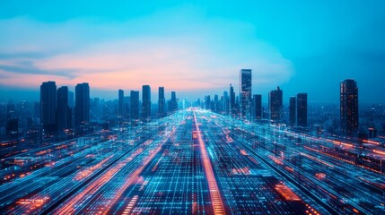 Futuristic City Skyline with Digital Light Trails and Vibrant Sunset Over Skyscrapers, Representing Urban Innovation and Technology in Modern Metropolis