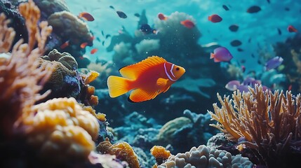 Fototapeta premium Vibrant orange fish swims amidst colorful coral reef and diverse fish species in clear blue ocean water.