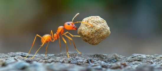 A single red ant struggles to carry a large piece of food.