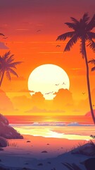 A breathtaking sunset paints the sky in fiery hues, casting a warm glow over the tranquil beach. Palm trees stand sentinel, their silhouettes sharp against the vibrant backdrop.
