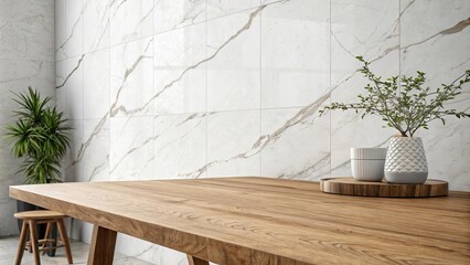 A wooden table with a vase of green leaves and a potted plant on it