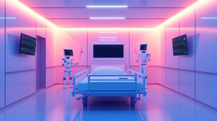 Futuristic Hospital Room with Robots, Neon Lights, and Advanced Medical Technology in a High-Tech Healthcare Environment