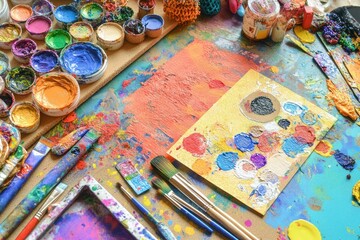 A vibrant artist's workspace filled with paints, brushes, and colorful creations.