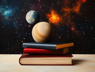 Books stacked with planets and stars in a cosmic background.