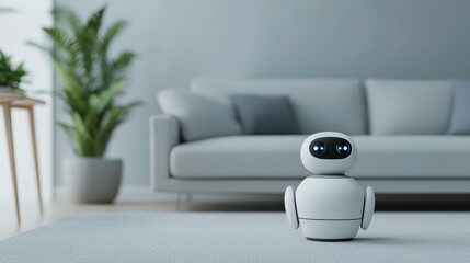 Friendly robotic assistant standing in a modern living room with subtle decor and a cozy couch, showcasing innovation and technology in contemporary interior design.