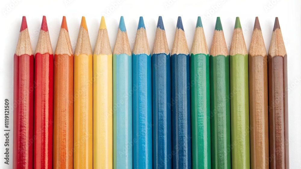 Poster a row of colored pencils are lined up on a white background