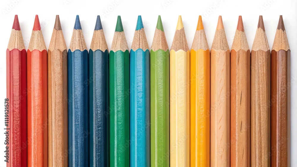 Poster a row of colored pencils with the green one in the middle